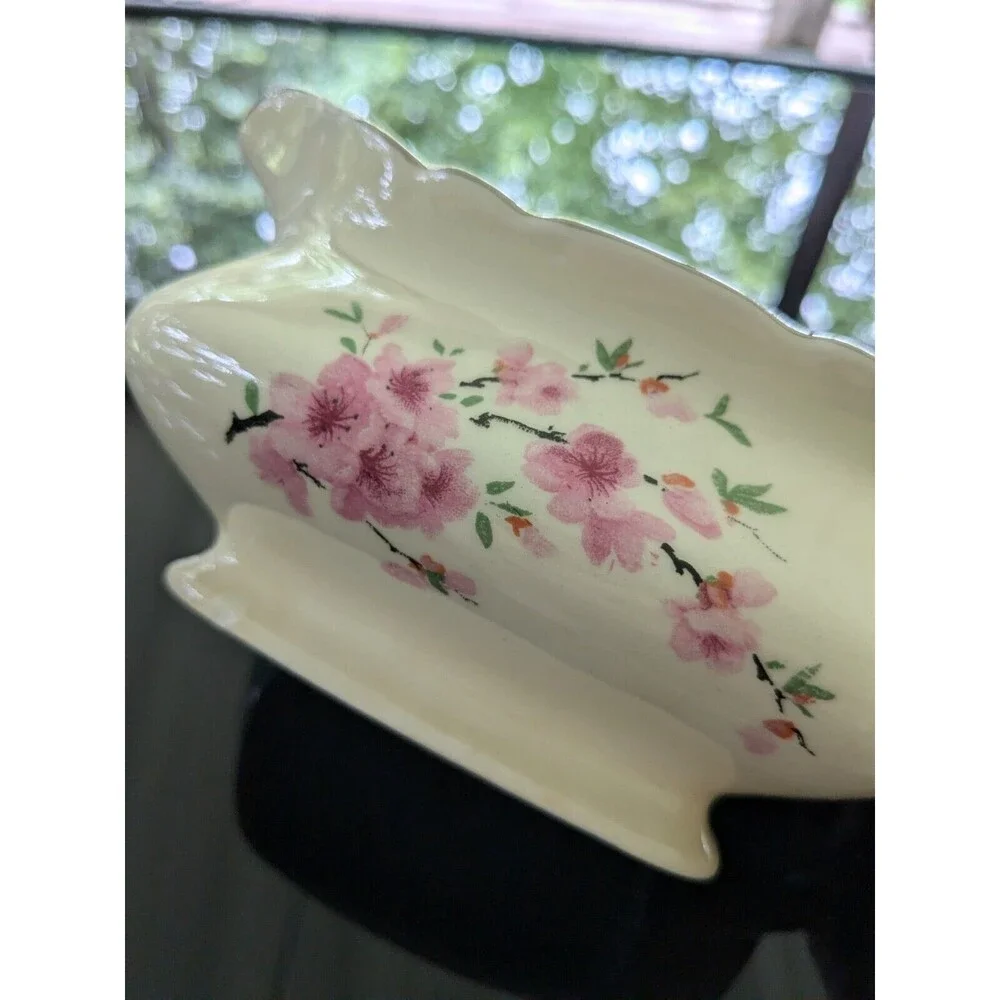 Vintage Canarytone Gravy Boat Cherry Blossoms Unmarked Silver Trim Porcelain